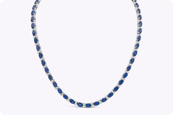 29.70 Carats Total Oval Cut Sapphire & Diamond Tennis Necklace in White Gold