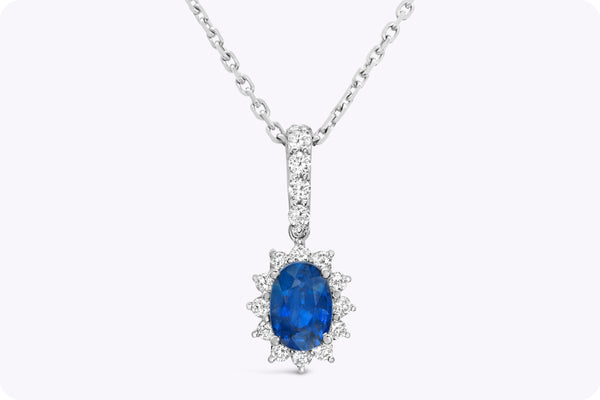 1.69 Carats Total Blue Sapphire & Diamond Halo Pendant Necklace in White Gold