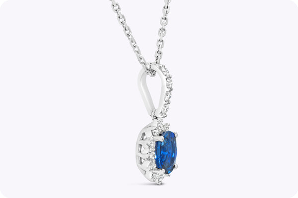 1.69 Carats Total Blue Sapphire & Diamond Halo Pendant Necklace in White Gold