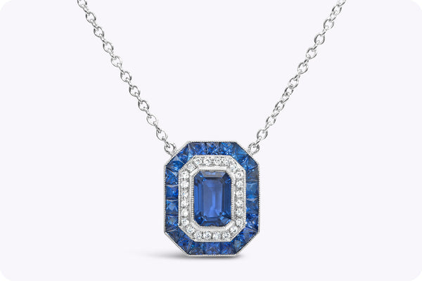 0.80 Carat Emerald Cut Blue Sapphire Double Halo Pendant Necklace in Platinum