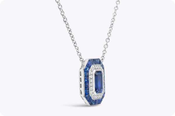 0.80 Carat Emerald Cut Blue Sapphire Double Halo Pendant Necklace in Platinum