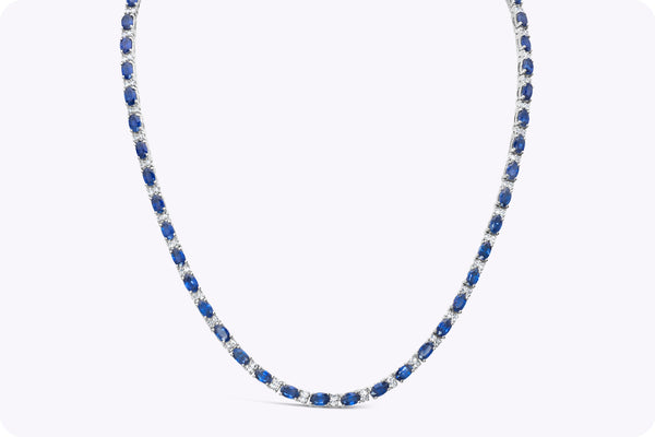 17.62 Carats Total Oval Cut Sapphire & Diamond Tennis Necklace in White Gold