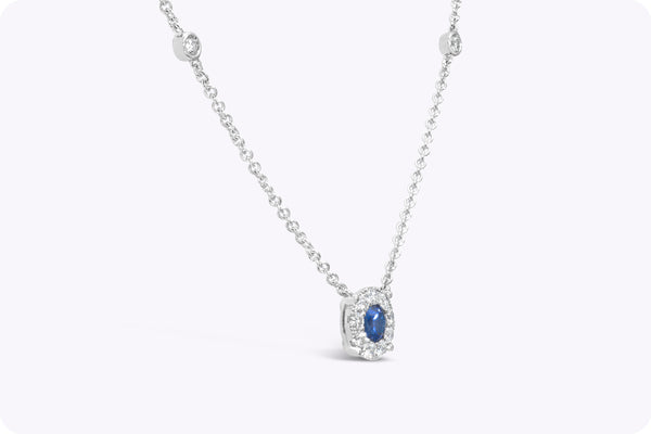 0.34 Carat Round Cut Blue Sapphire & Diamond Pendant Necklace in White Gold