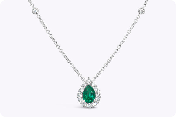 1.20 Carats Total Pear Shape Emerald & Diamond Pendant Necklace in White Gold