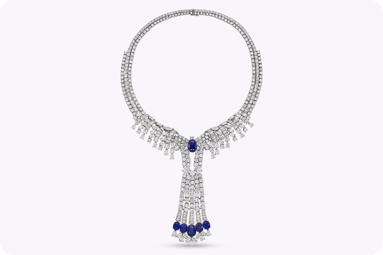 119.30 Carats Total Important Sapphire & Mixed-Cut Diamond Drop Necklace in White Gold