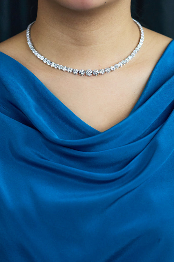 GIA Certified 31.46 Carats Total Round Brilliant Cut Diamond Riviera Necklace in Platinum