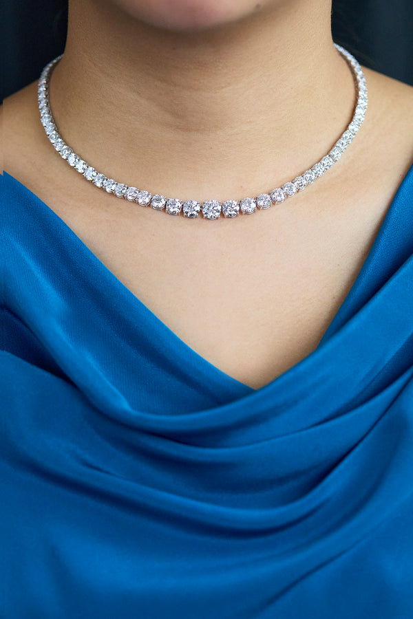 GIA Certified 31.46 Carats Total Round Brilliant Cut Diamond Riviera Necklace in Platinum