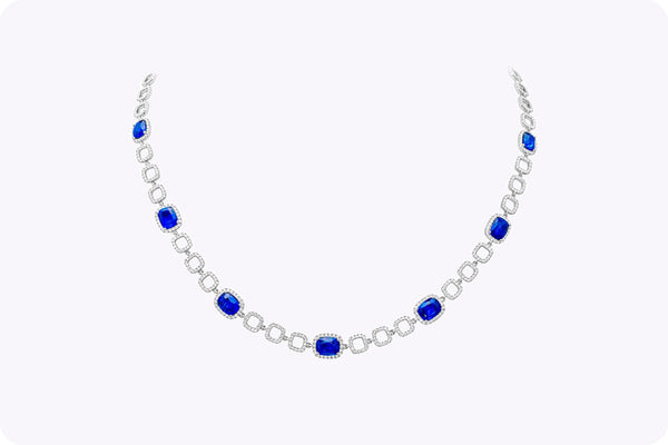 11.10 Carats Total Cushion Cut Sapphire & Round Diamond Necklace in White Gold