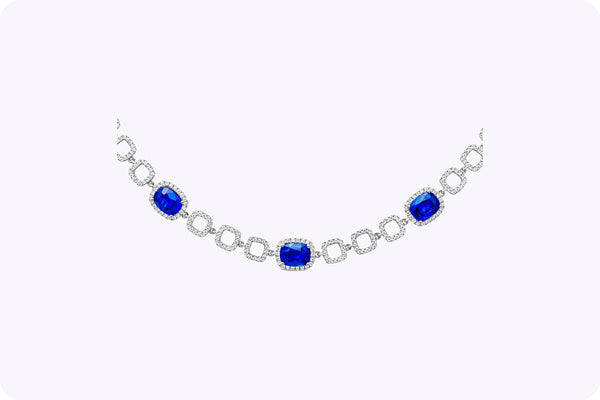 11.10 Carats Total Cushion Cut Sapphire & Round Diamond Necklace in White Gold