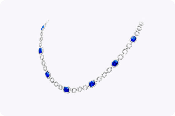 11.10 Carats Total Cushion Cut Sapphire & Round Diamond Necklace in White Gold