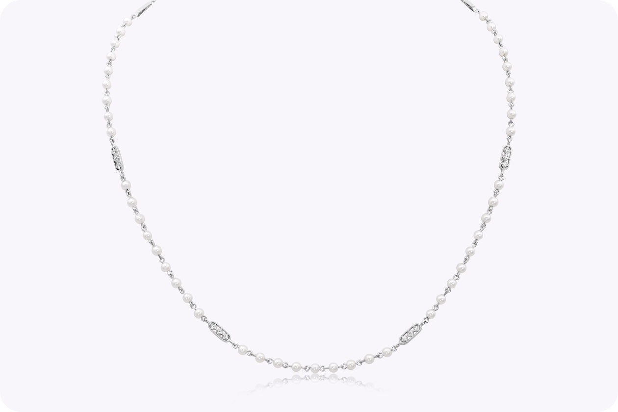 0.13 Carat Total Round Cut Diamond & Pearl Necklace in White Gold