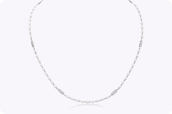 0.13 Carat Total Round Cut Diamond & Pearl Necklace in White Gold