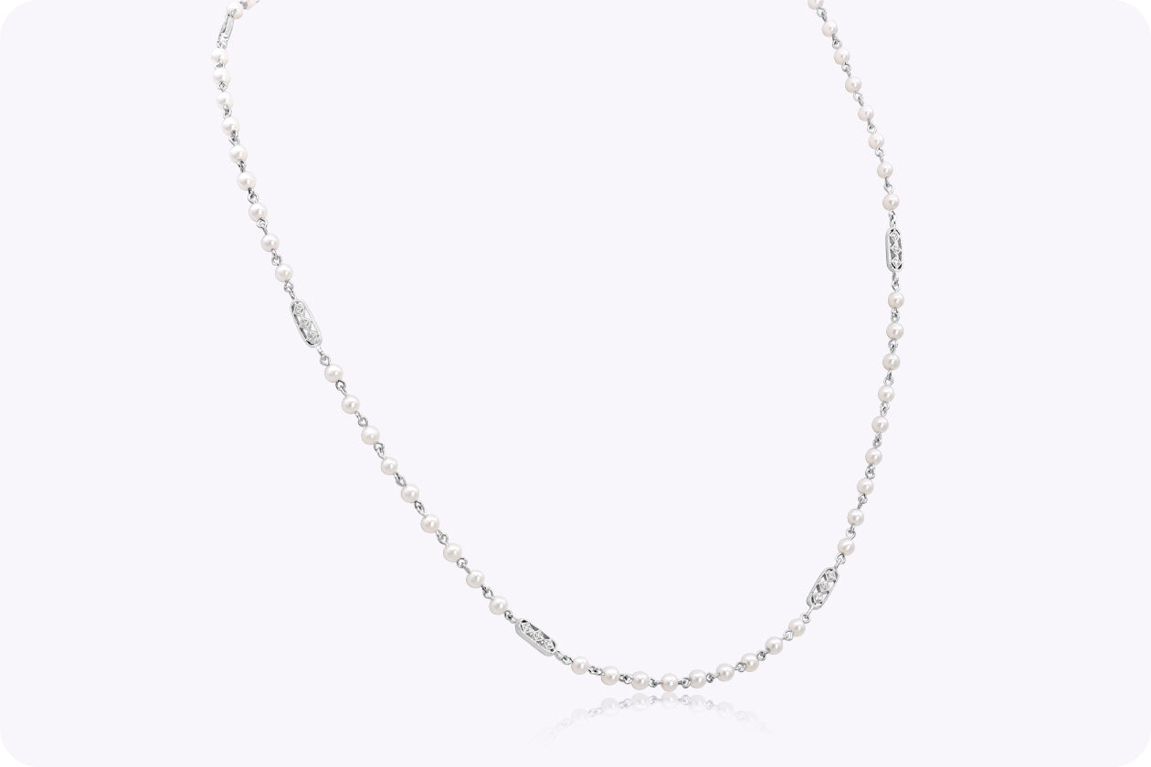 0.13 Carat Total Round Cut Diamond & Pearl Necklace in White Gold