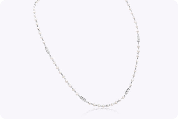 0.13 Carat Total Round Cut Diamond & Pearl Necklace in White Gold