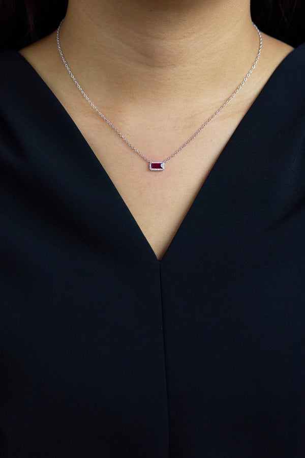 0.67 Carat Rectangular Ruby & Diamond Halo Necklace in White Gold