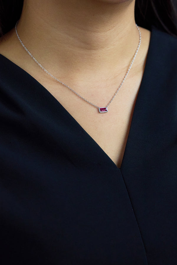 0.67 Carat Rectangular Ruby & Diamond Halo Necklace in White Gold