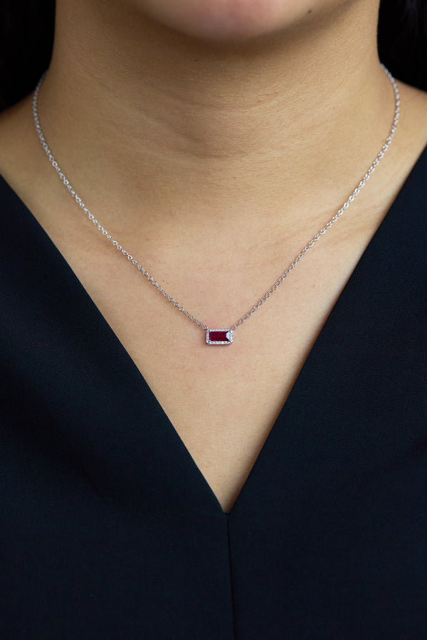 0.67 Carat Rectangular Ruby & Diamond Halo Necklace in White Gold