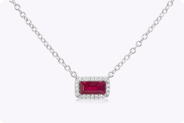 0.67 Carat Rectangular Ruby & Diamond Halo Necklace in White Gold