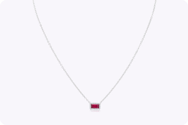 0.67 Carat Rectangular Ruby & Diamond Halo Necklace in White Gold