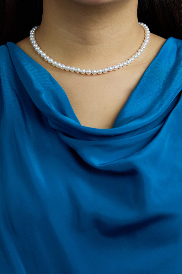 0.37 Carat Total Round Cut Diamond & Japanese Akoya Pearl Necklace in White Gold