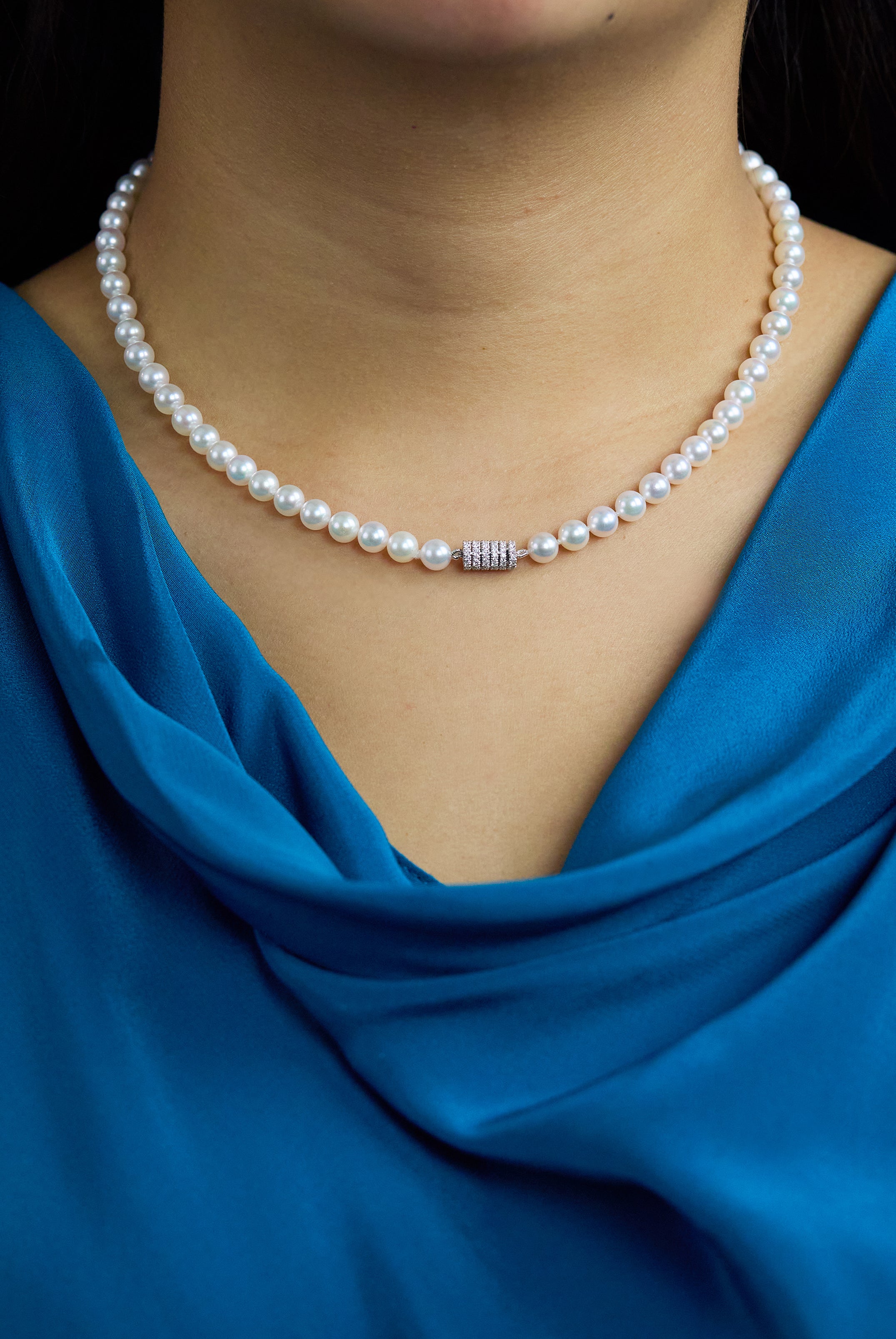 0.37 Carat Total Round Cut Diamond & Japanese Akoya Pearl Necklace in White Gold