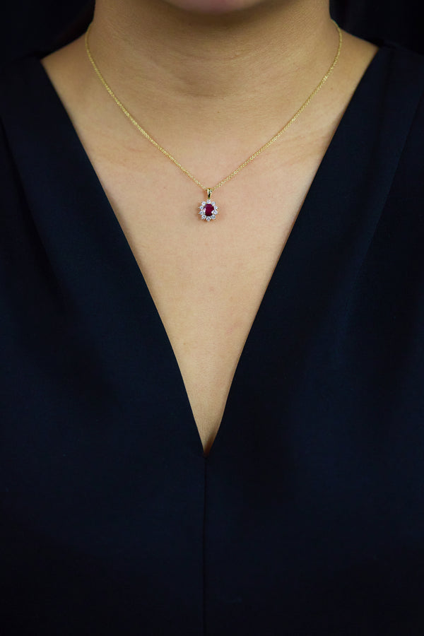 1.09 Carats Total Ruby & Diamond Halo Pendant Necklace in Yellow Gold
