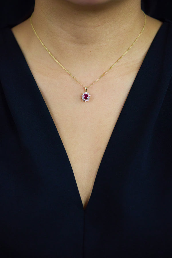 1.09 Carats Total Ruby & Diamond Halo Pendant Necklace in Yellow Gold
