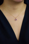 1.09 Carats Total Ruby & Diamond Halo Pendant Necklace in Yellow Gold