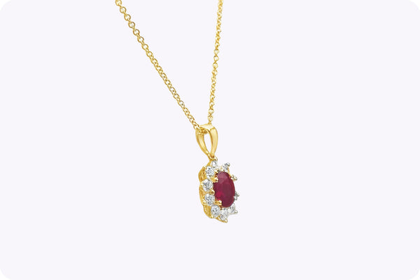 1.09 Carats Total Ruby & Diamond Halo Pendant Necklace in Yellow Gold