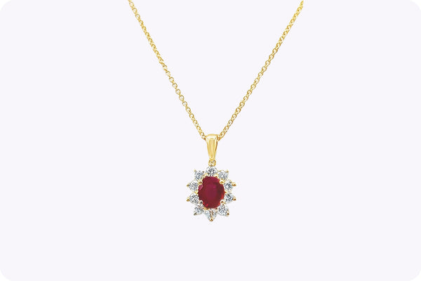1.09 Carats Total Ruby & Diamond Halo Pendant Necklace in Yellow Gold