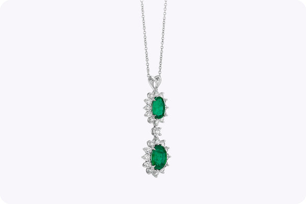 2.89 Carats Total Oval-Cut Emerald & Diamond Halo Drop Necklace in White Gold
