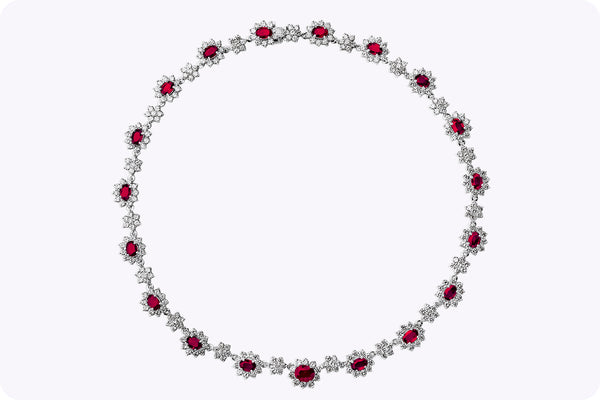 14.01 Carats Total Oval Cut Ruby & Diamond Halo Necklace in White Gold