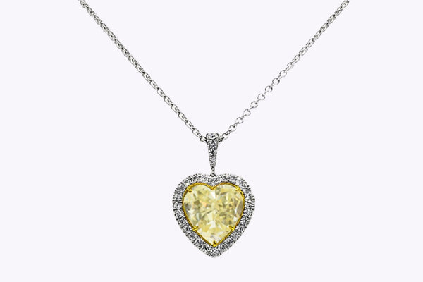 GIA Certified 8.05 Carats Heart Shape Yellow Diamond Halo Pendant Necklace in Two-Tone Gold