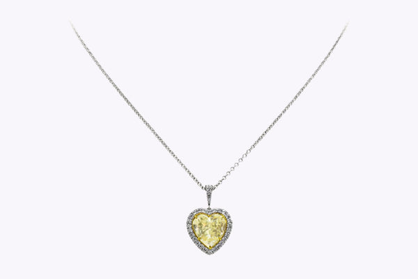 GIA Certified 8.05 Carats Heart Shape Yellow Diamond Halo Pendant Necklace in Two-Tone Gold