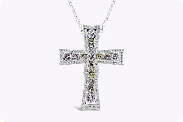 2.44 Carats Total Round Cut Fancy Color Diamond Cross Pendant Necklace in Platinum