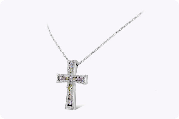 2.44 Carats Total Round Cut Fancy Color Diamond Cross Pendant Necklace in Platinum