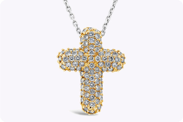 1.70 Carats Total Round Brilliant Diamond Cross Pendant Necklace in Two-Tone Gold