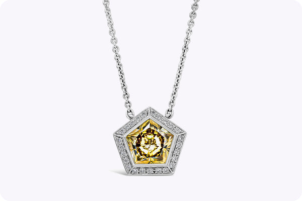 2.13 Carats Pentagon Cut Yellow Diamond Halo Pendant Necklace in White Gold