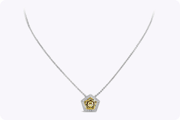 2.13 Carats Pentagon Cut Yellow Diamond Halo Pendant Necklace in White Gold