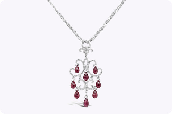 17.05 Carats Total Cabochon Ruby & Diamond Chandelier Necklace in White Gold