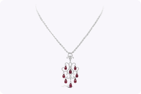 17.05 Carats Total Cabochon Ruby & Diamond Chandelier Necklace in White Gold