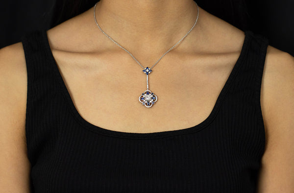 3.50 Carats Total Mixed-Cut Blue Sapphire & Diamond Pendant Necklace in Platinum