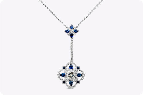 3.50 Carats Total Mixed-Cut Blue Sapphire & Diamond Pendant Necklace in Platinum