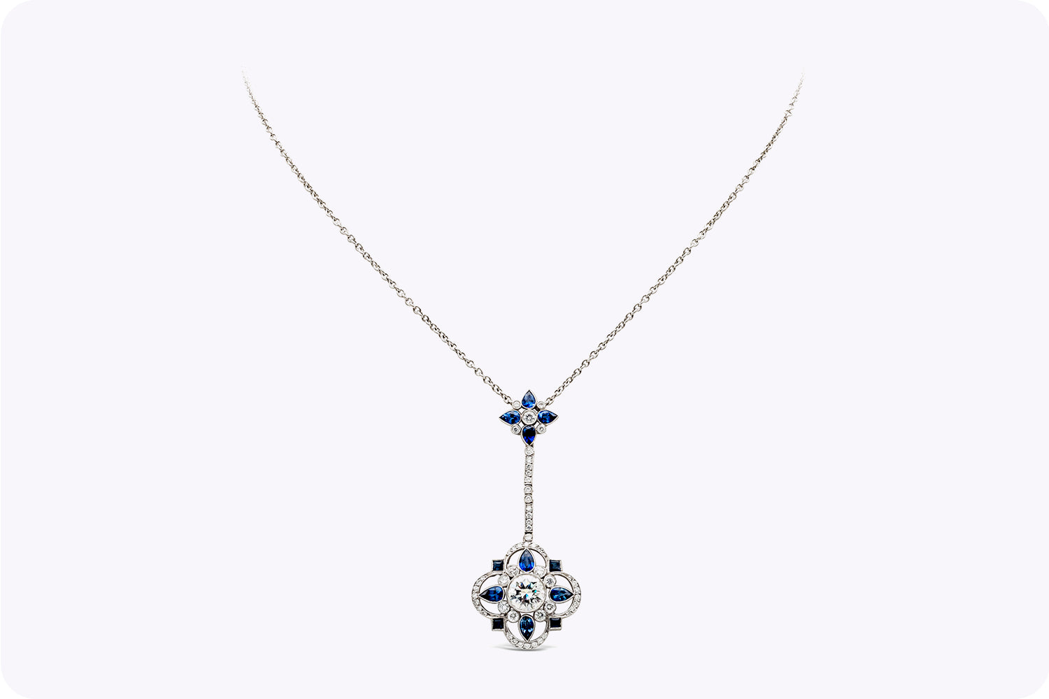 3.50 Carats Total Mixed-Cut Blue Sapphire & Diamond Pendant Necklace in Platinum