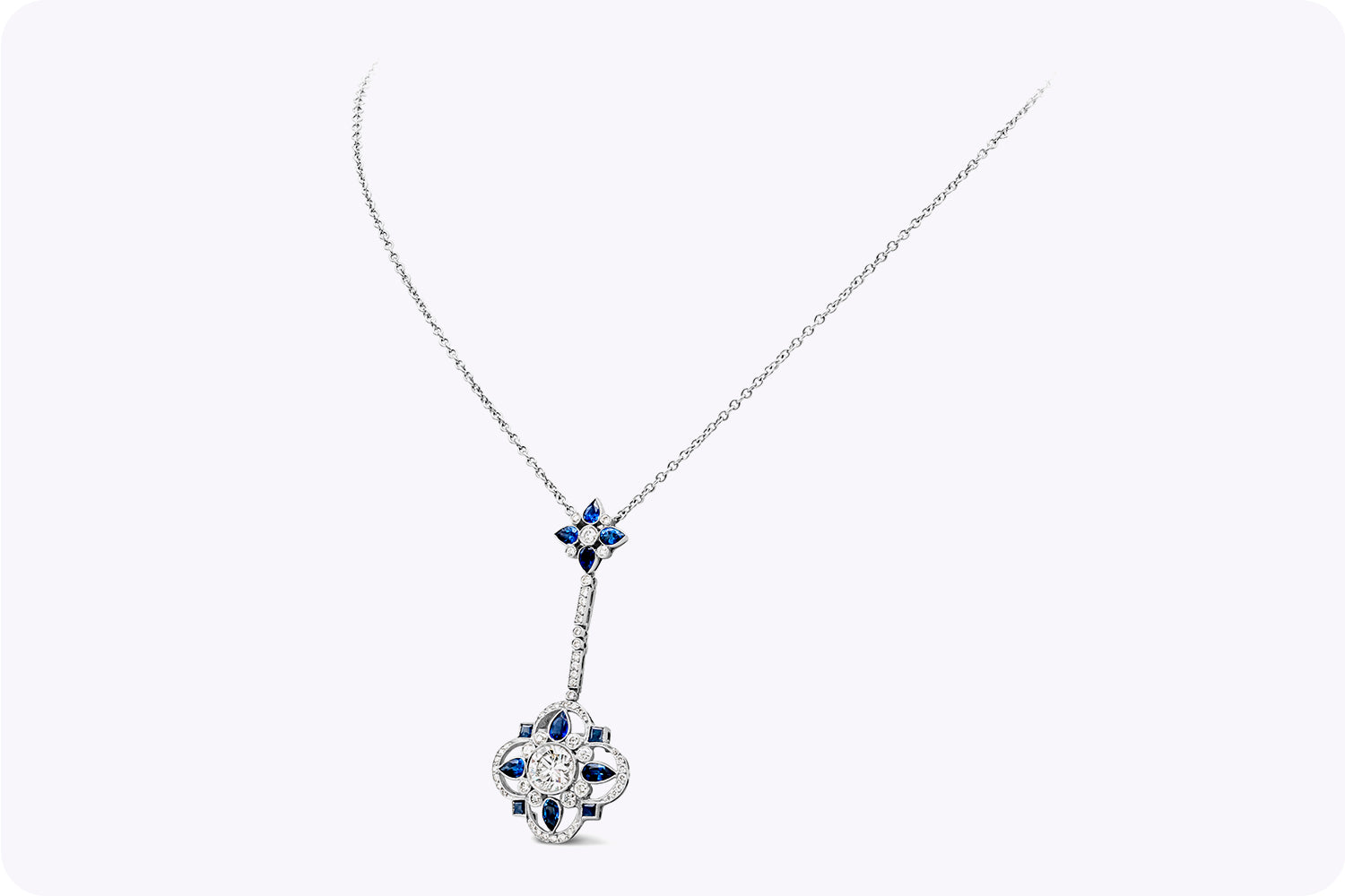 3.50 Carats Total Mixed-Cut Blue Sapphire & Diamond Pendant Necklace in Platinum