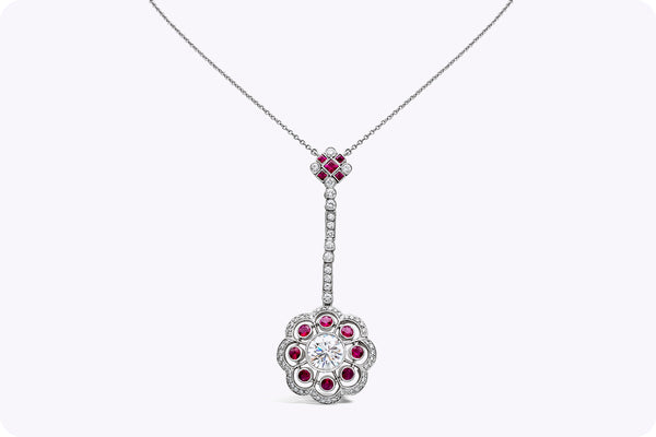 3.39 Carats Total Round Cut Ruby & Diamond Floral Motif Drop Necklace in Platinum