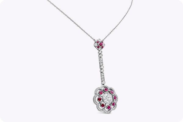 3.39 Carats Total Round Cut Ruby & Diamond Floral Motif Drop Necklace in Platinum