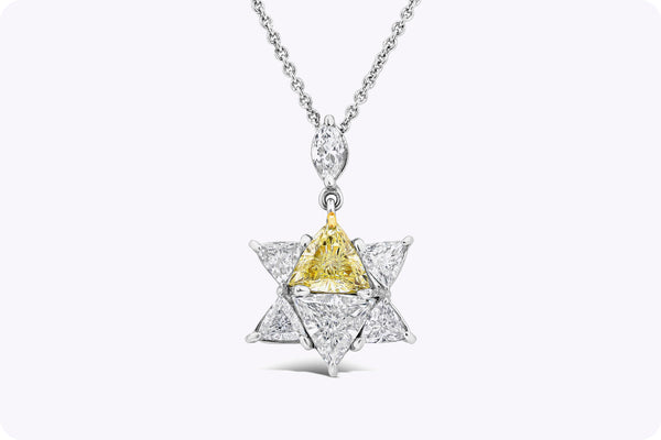 1.77 Carats Total Yellow and White Trillion Diamond Star Pendant Necklace in Yellow Gold and Platinum