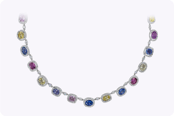 37.41 Carats Total Multi-Color Oval Cut Sapphire & Diamond Necklace in White Gold