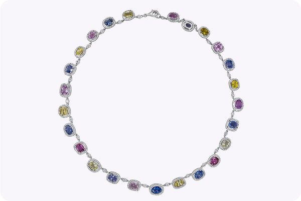 37.41 Carats Total Multi-Color Oval Cut Sapphire & Diamond Necklace in White Gold